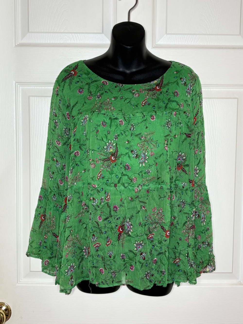 Sundance Green Floral Boho Blouse Flare Sleeve Ruffle Hem